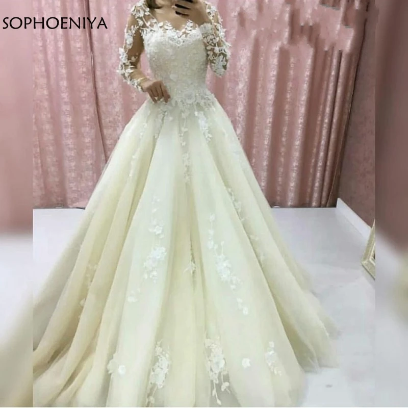 Роскошная свадебная одежда с длинным рукавом Vestido de festa longo кружева свадебное платье с аппликацией robe de mariee свадебное платье мусульманское