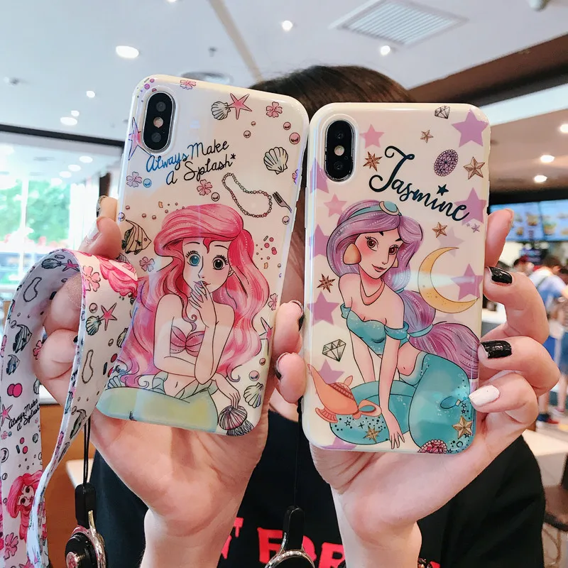For iPhone X Ariel Princess Case For iPhone 8 plus IMD TPU back cover For iPhone 7 8plus 6 6S Plus Mermaid / Alice Cover +strap