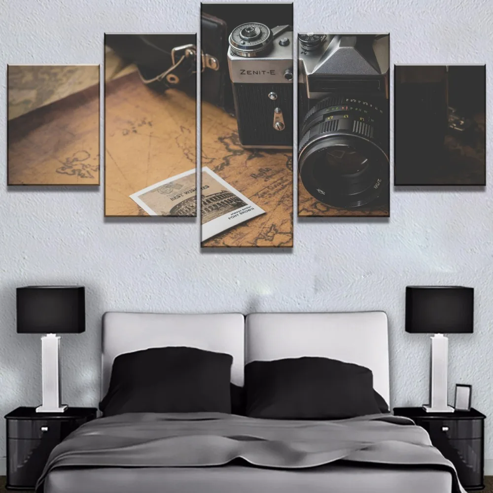 5 Piece Canvas Art Traveling Camera Map Cuadros Decoracion Paintings on