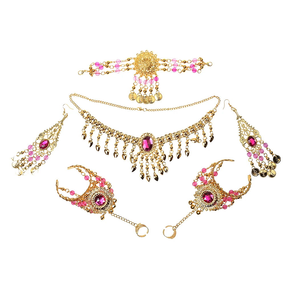 Phenovo Ladies Bridal Party Costume Necklace Earrings Headpiece Hand Jewelry for Parties Belly Dancing -Rose red