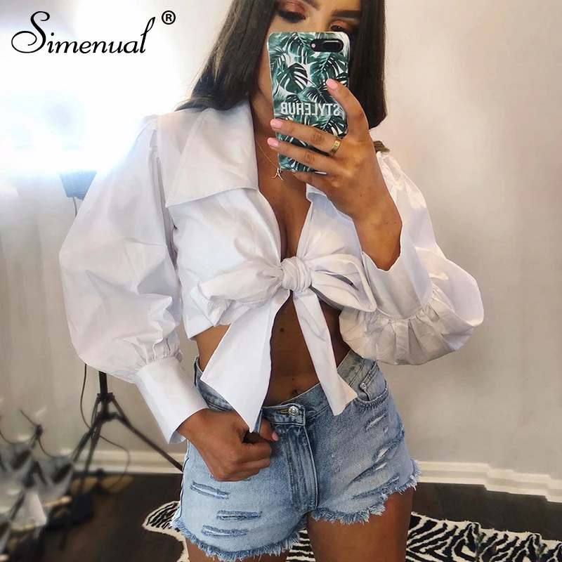 Simenual Fashion Bandage Pink Shirts Women Long Sleeve Cropped Blouses 2019 Autumn Deep V Neck Sexy Hot Blouse Shirt Ladies Slim