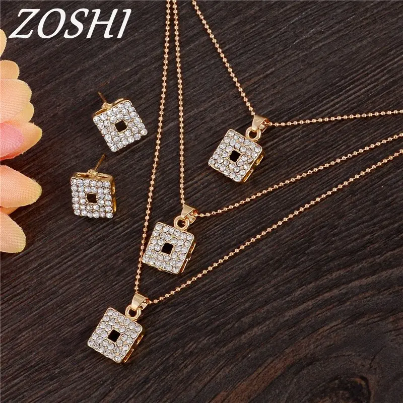

2019 Fashion Brand Square Geometry Jewelry Sets Pendant Necklace Stud Earrings Crystal Gold Filled Jewelry Set For Women Jewelry