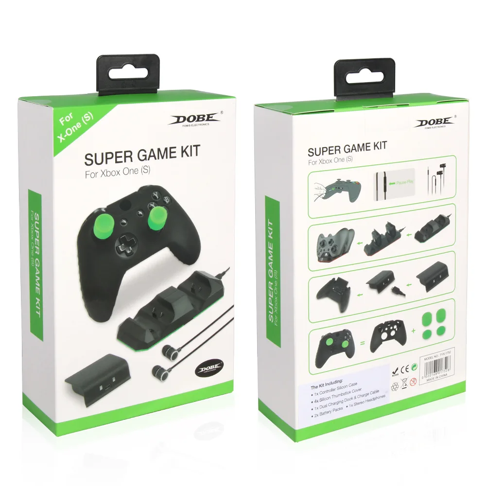 

5 in 1 Game Kit 1xDual Charging Dock+2x300mAh Battery+1xHeanphones+4xSilicon Thumb Stick Cover+1xController Case for XboxOne(S)