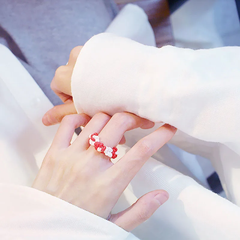 Модный корейский стиль Красочный рисовый Бисер Плетеный цветок кольцо ручной работы натуральный с разноцветными бусинами стрейч женский перстень ювелирные изделия