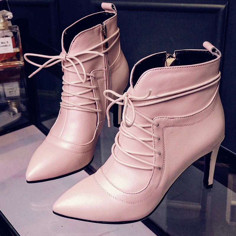 2017 New Fashion Ankle Boots Genuine Leather Pointed Toe High Heels Pink Boots Designer Shoes Women Lace Up Short Boots A6713
