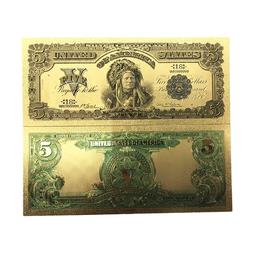 Красочные банкноты США 1899 $1 $2 $5 Долларовые купюры банкнотной в 24 каратное Золотое