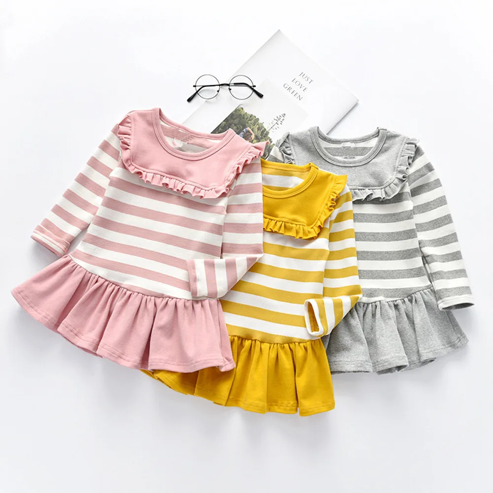 

Baby Girls Winter Dress Long Sleeve Solid Stripe Party Princess Dress Tops Toddler Kids Autumn Wedding Girl Formal Dresses 1030