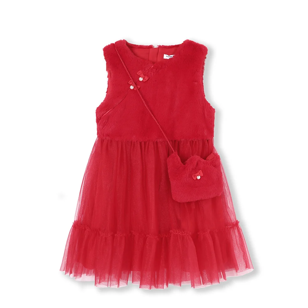 Balabala/фатиновое платье без рукавов с кроличьим мехом для девочек; сумка через плечо; Детские праздничные платья на свадьбу из ткани с подкладкой - Цвет: China Red