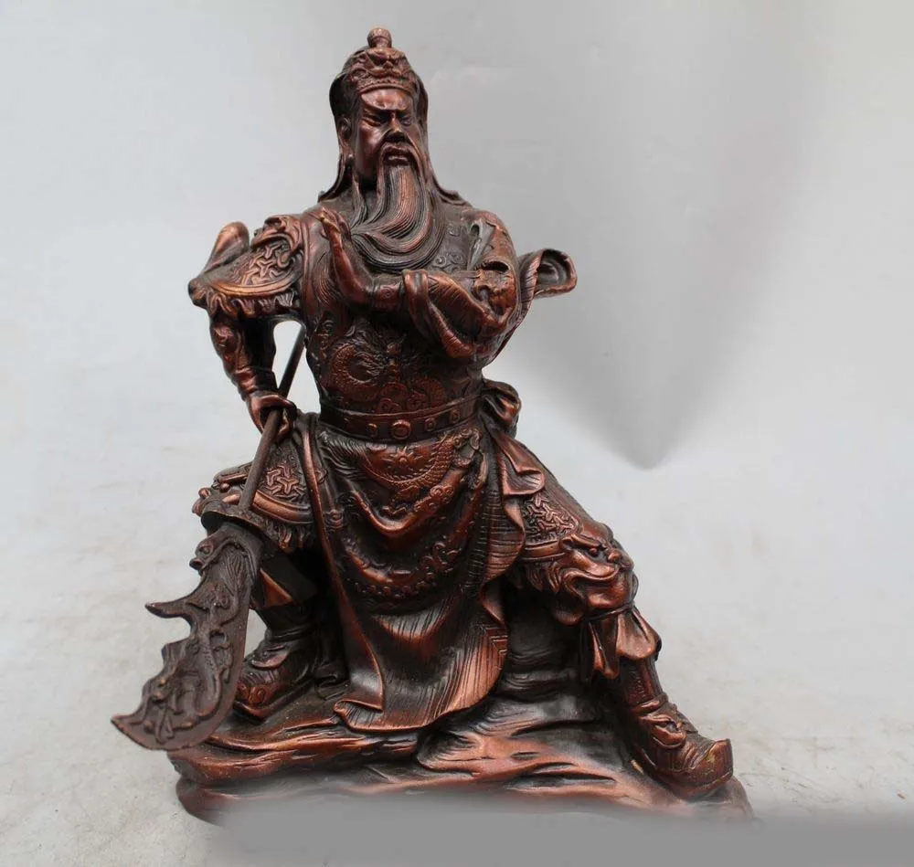 

10" Chinese Fengshui Bronze Seat Guan Gong Yu Warrior God Dragon Sword Statue
