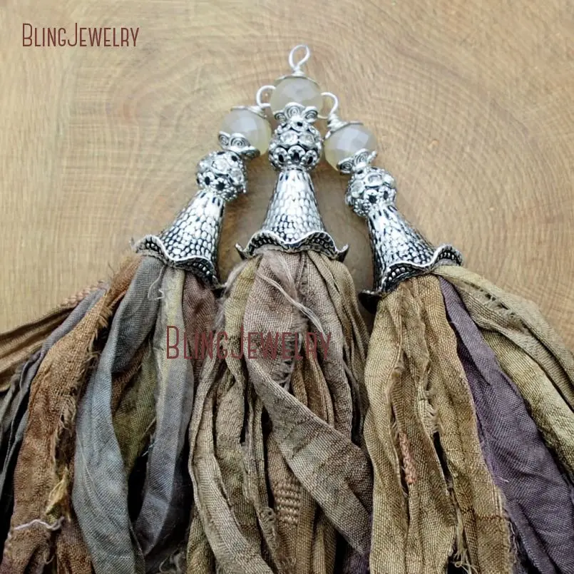 20171213-PM9121- Fallen Leaf Sari Silk Tassel Pendant Antique Silver_2