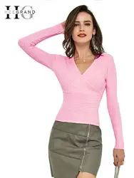 HEE GRAND 2018 сексуальные женские свитера осень новый тренд модный однотонный глубокий пуловер с вырезом в виде буквы V длинный рукав короткий
