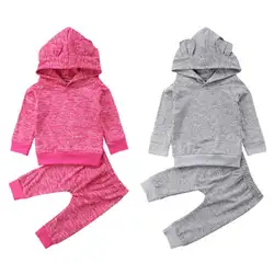 Новорожденных Для маленьких мальчиков с длинными рукавами для девочек уха Толстовки с капюшоном комплекты одежды с топами и штанами