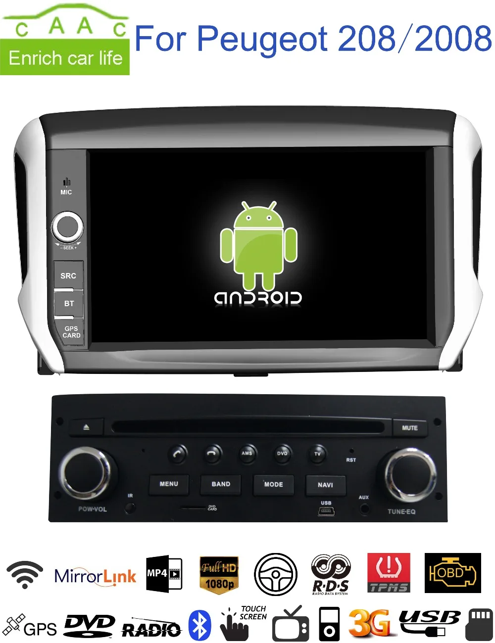Android GPS Navigation 8" Car DVD Player for Peugeot 208/2008 with