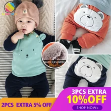 Lemonmiyu Детские теплые зимние трусы с мультяшкой эластичная талия Mid хлопок Младенцы шаровары Повседневные медведь PP Брюки бархатные утолщенные брюки