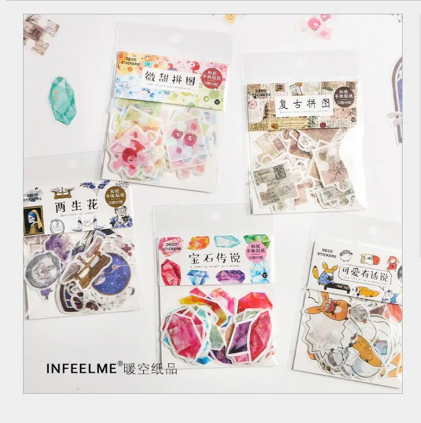 

40pcs/bag Vintage Puzzle fruit shining Gemstones animal diary decoration sticker DIY Planner scrapbooking label index stickers