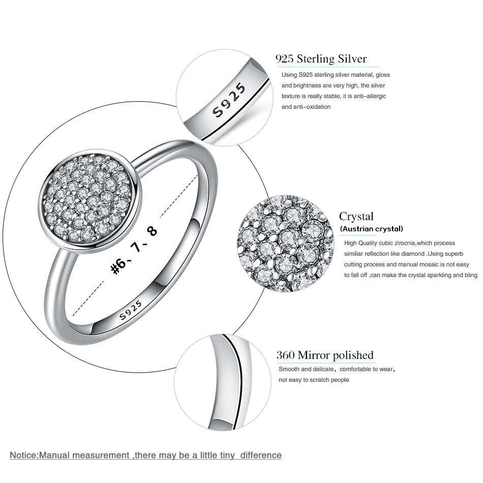 ELESHE 100% Real 925 Sterling Silver Signature Rings Clear CZ Circle Round Finger Rings for Women Wedding Engagement Jewelry