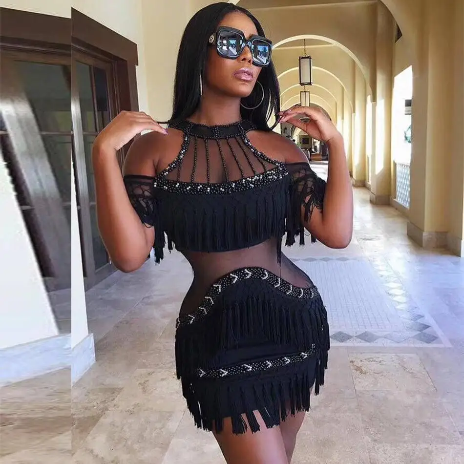 TANG 2019 Summer Sexy Off Shoulder Women Mesh Dress Pink Hollow Out Mini Dress Runway Fringe Bodycon Party Dress (11)
