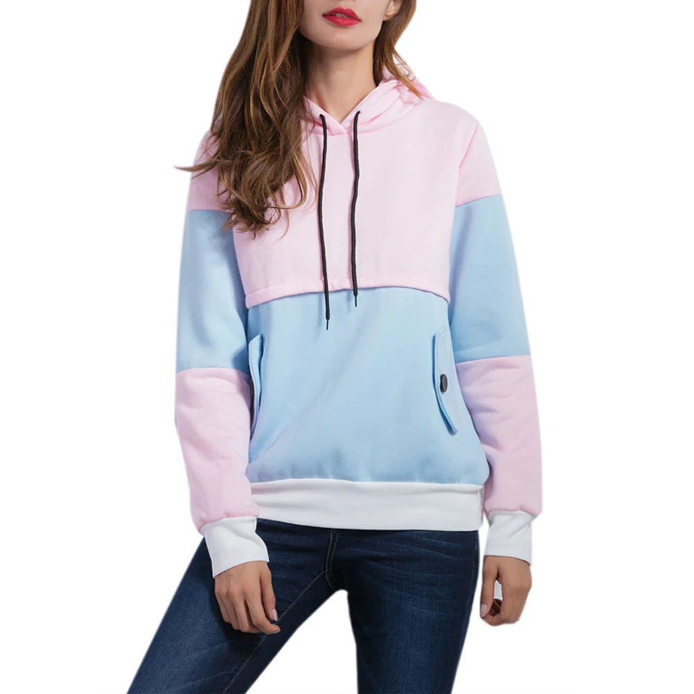 Women Casual Hoodies Stitching Color Fleece Sweatshirts Spring Winter ...