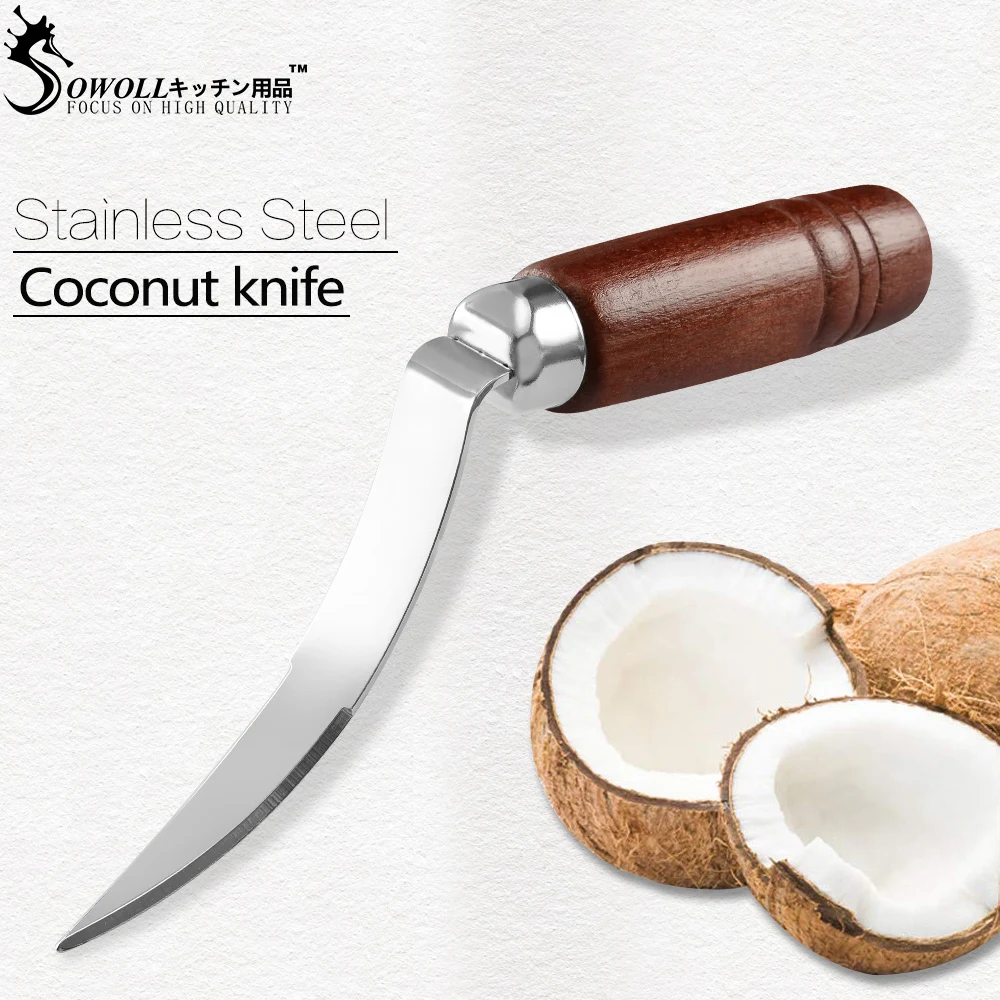 

Sowoll Stainless Steel Coconut Shells Knife Sharp Blade With Ergonomics Wooden Handle Coconut Opener Tools Meat Removal Knives
