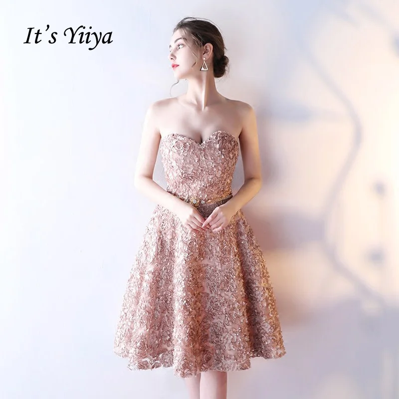 

It's YiiYa Bridesmaids Dresses Strapless Sexy Draped Flower Appliques Knee Length Dinner Lace Up Party Short Formal Dress YS036