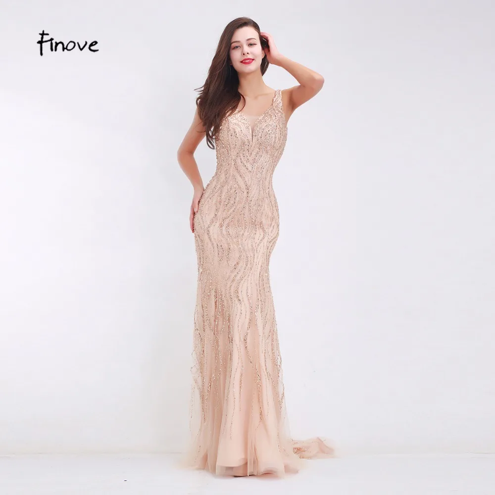 

Finove Beading Champagne Evening Dresses Sexy V-Neck Back 2019 New Simple Design Floor Length Long Sweep Train Dresses for Party
