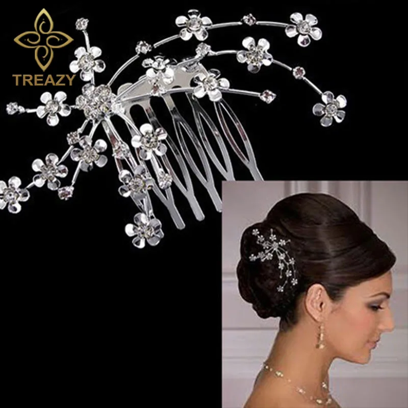 

TREAZY Crystal Wedding Bridal Jewelry Plum Blossom Hair Comb Tiara Crown Silver Color Baby Princess Hair Jewelry Accessories