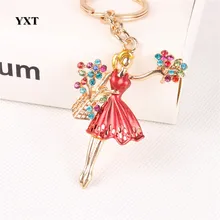 New Fashion Ballet Girl Dress Flowers Crystal Charm Purse Bag Car Key Ring Chain Party Wedding Creative Lover Gift Accessories