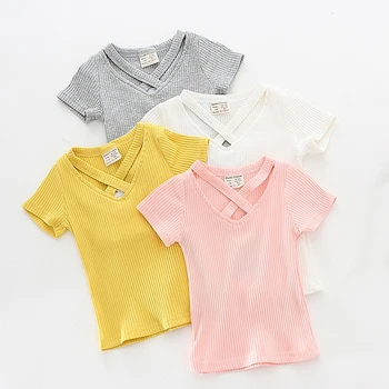 

Cotton Summer Girls T Shirt T-Shirt Solid Color Hollow V-Neck Tops Kids Top Tee Girl Children Clothes Toddler Baby 2-7T