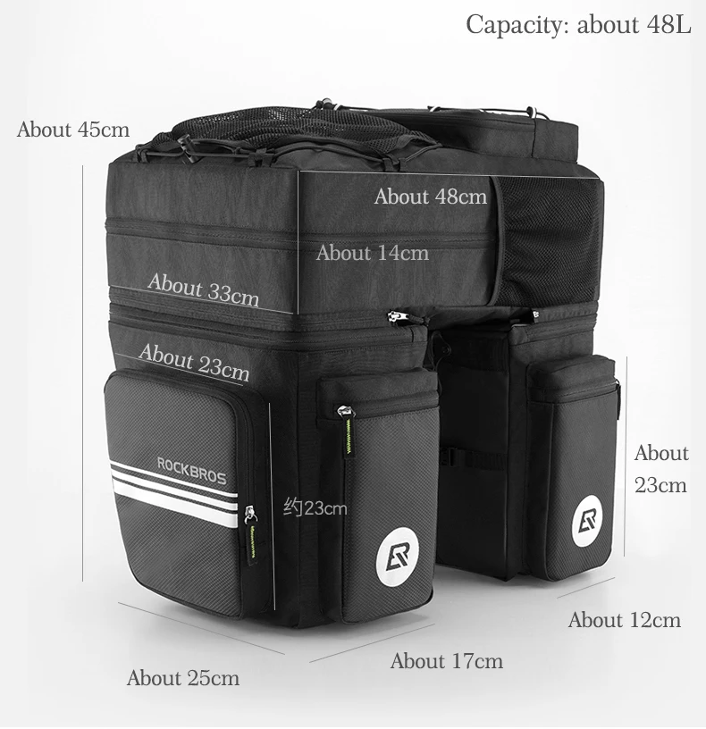 Clearance ROCKBROS 3 in 1 Waterproof Bicycle Bags Pannier 48L MTB Mountain Bike Rack Bag Bicycle Rear Seat Trunk Bag With Rain Cover 17