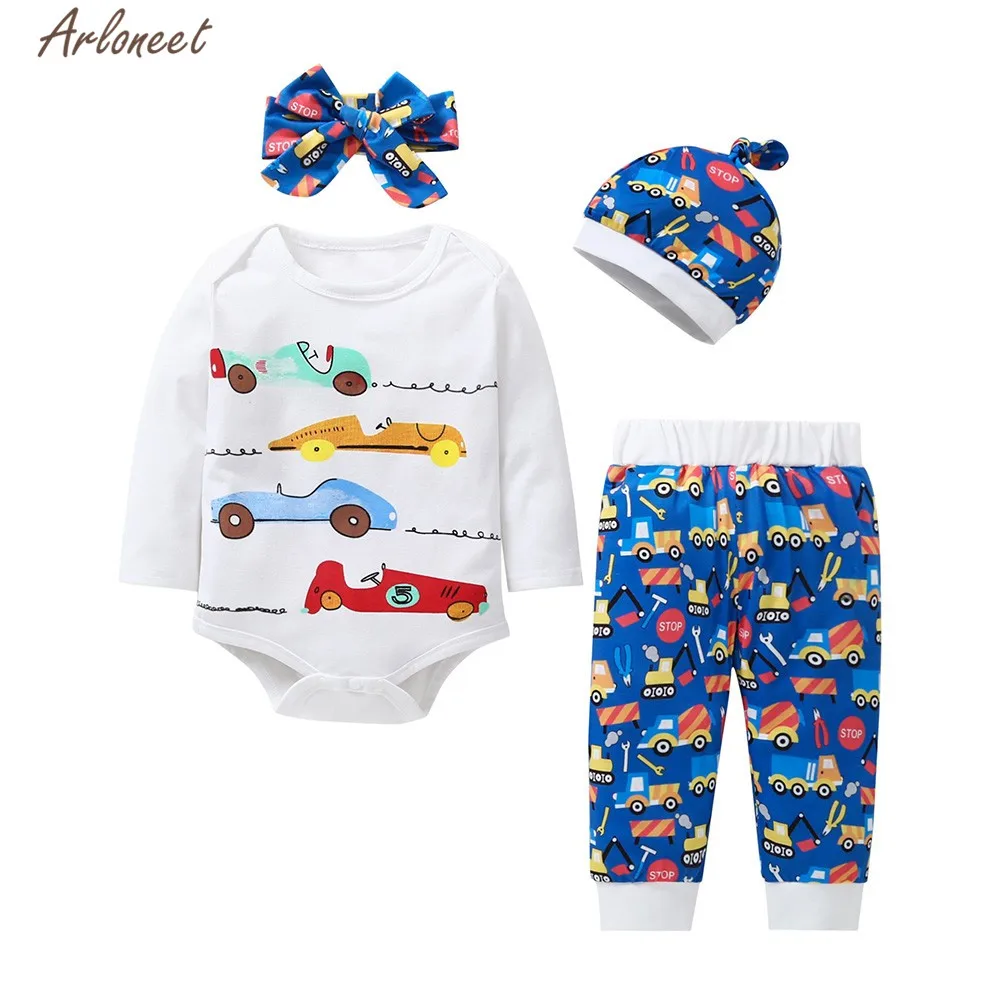 

ARLONEET Clothes Girls Boys Baby Long Sleeve Cartoon Car Romper +Pants headbands Hat Set Kids baby 4pc Cotton Casual Clothes