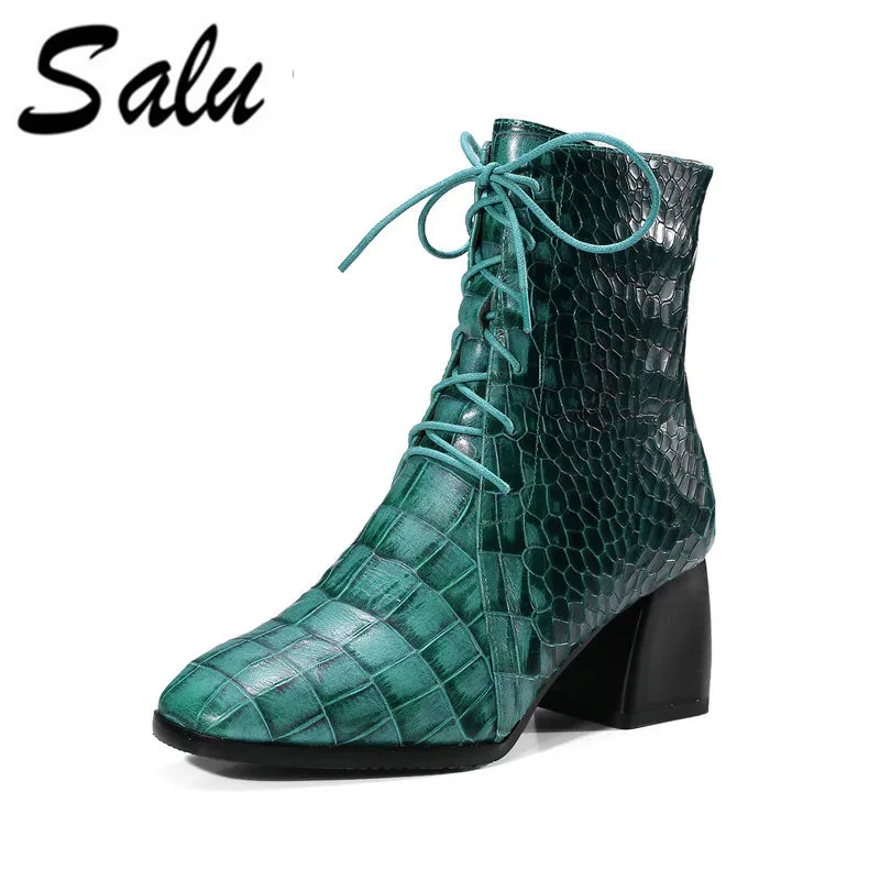 

Salu 2019 new genuine leather ankle boots for women lace up autumn boots fashion sneakers shoes platform boots black