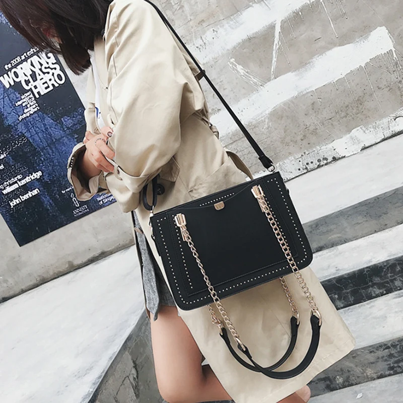 Женская сумка с заклепками, Сумка с металлической цепочкой, повседневная сумка из искусственной кожи, сумка через плечо черного цвета