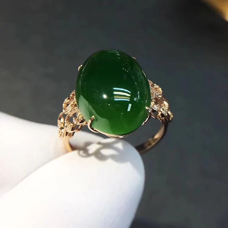 Large 5.5 Ct Green Oval Jade Solitaire Band Ring Woman Jewelry Solid Silver Gift