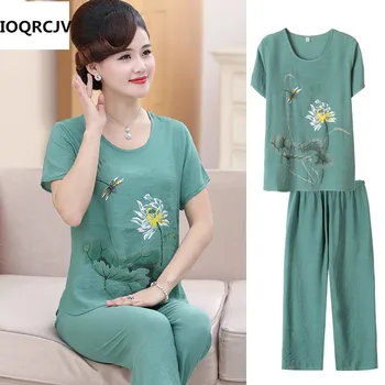 

2019 Summer Cotton and Linen Two-piece Suit Short-sleeved Print Top + Loose Cropped Trousers Casual 2 Pieces Large Size 4XL R554