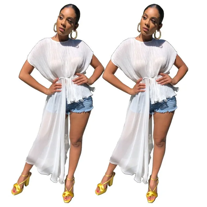 

2019 Sexy Irregular Hem Chiffon Top Women Batwing Sleeve T-Shirt Short Sleeve Solid Tee Shirt