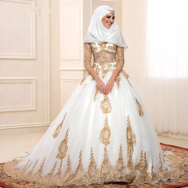 Turchia Applique Modest Abiti Abito Maniche Sposa Oro Da Con Musulmano NwPXnO8kZ0