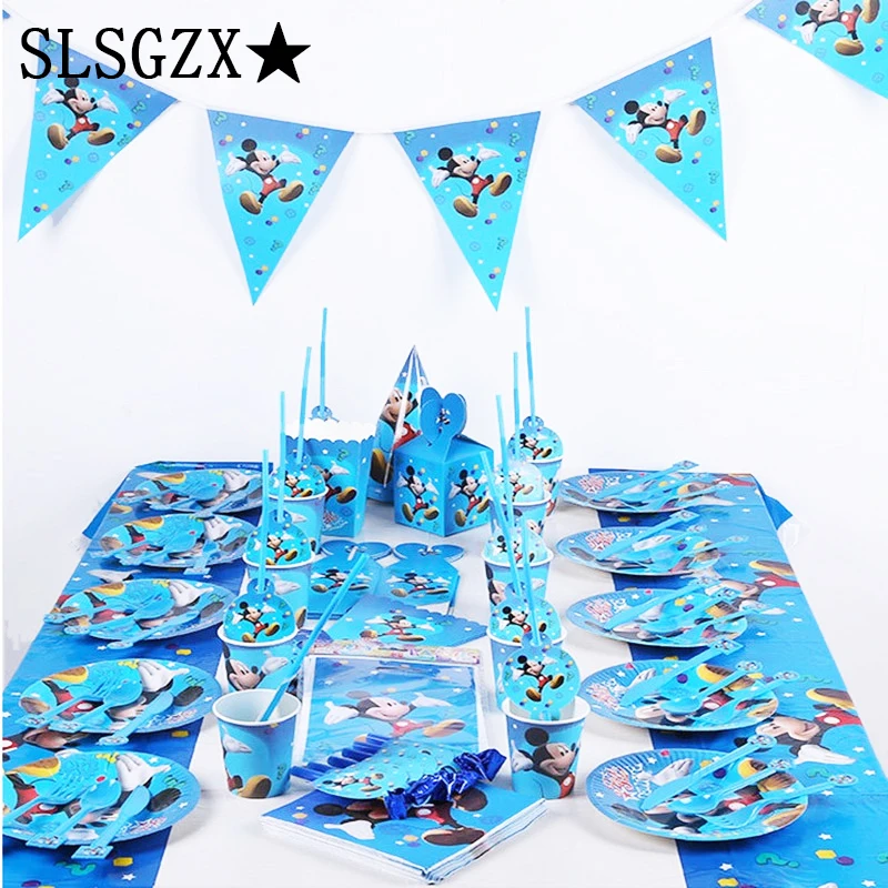 

Mickey Mouse Kids Birthday Party Set Decoration Party Supplies Paper Cup Plate/Napkin/Banner/Flag/Hat/Straw/Candy/Popcorn box