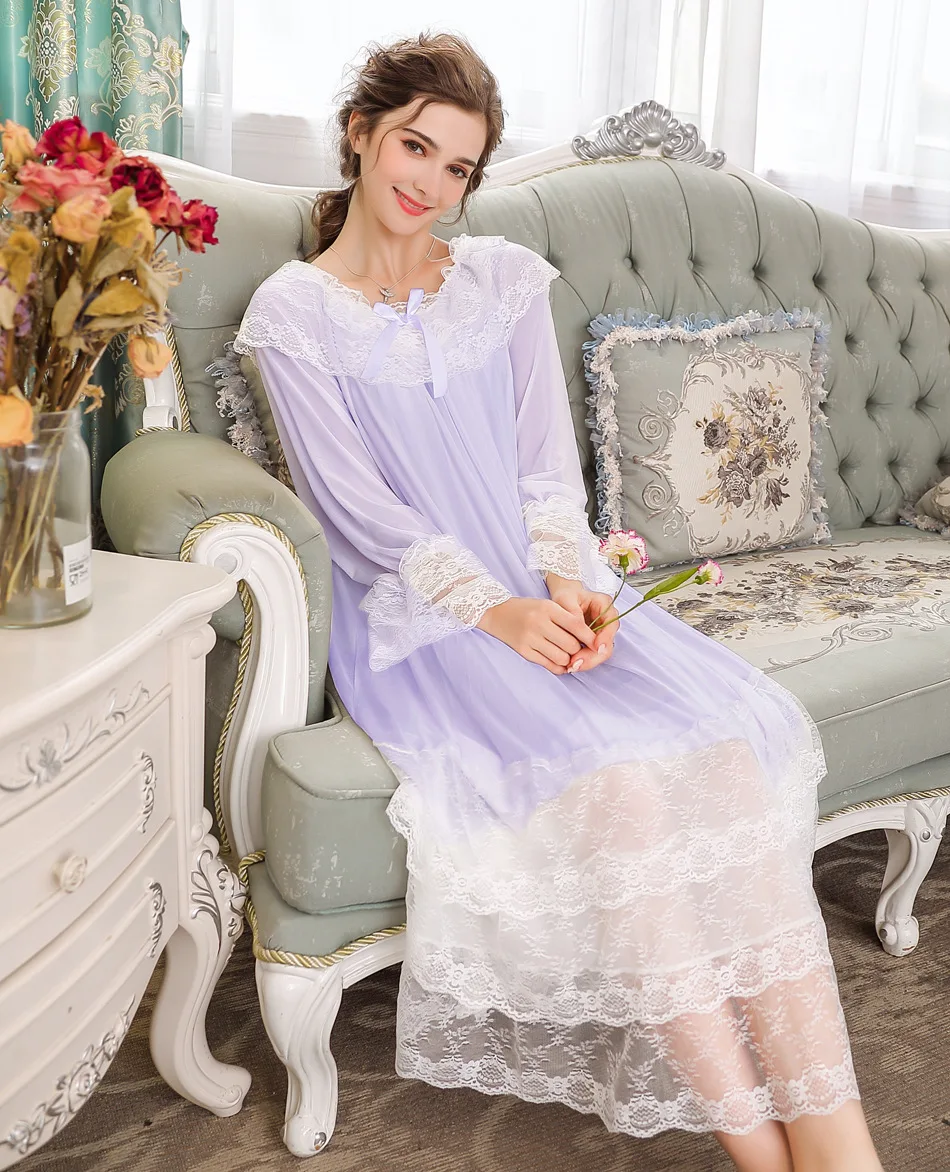 Женское ночное белье Дворцовая принцесса французский весна и осень модал сетка с длинным рукавом платье-пижама ночная сорочка сексуальное