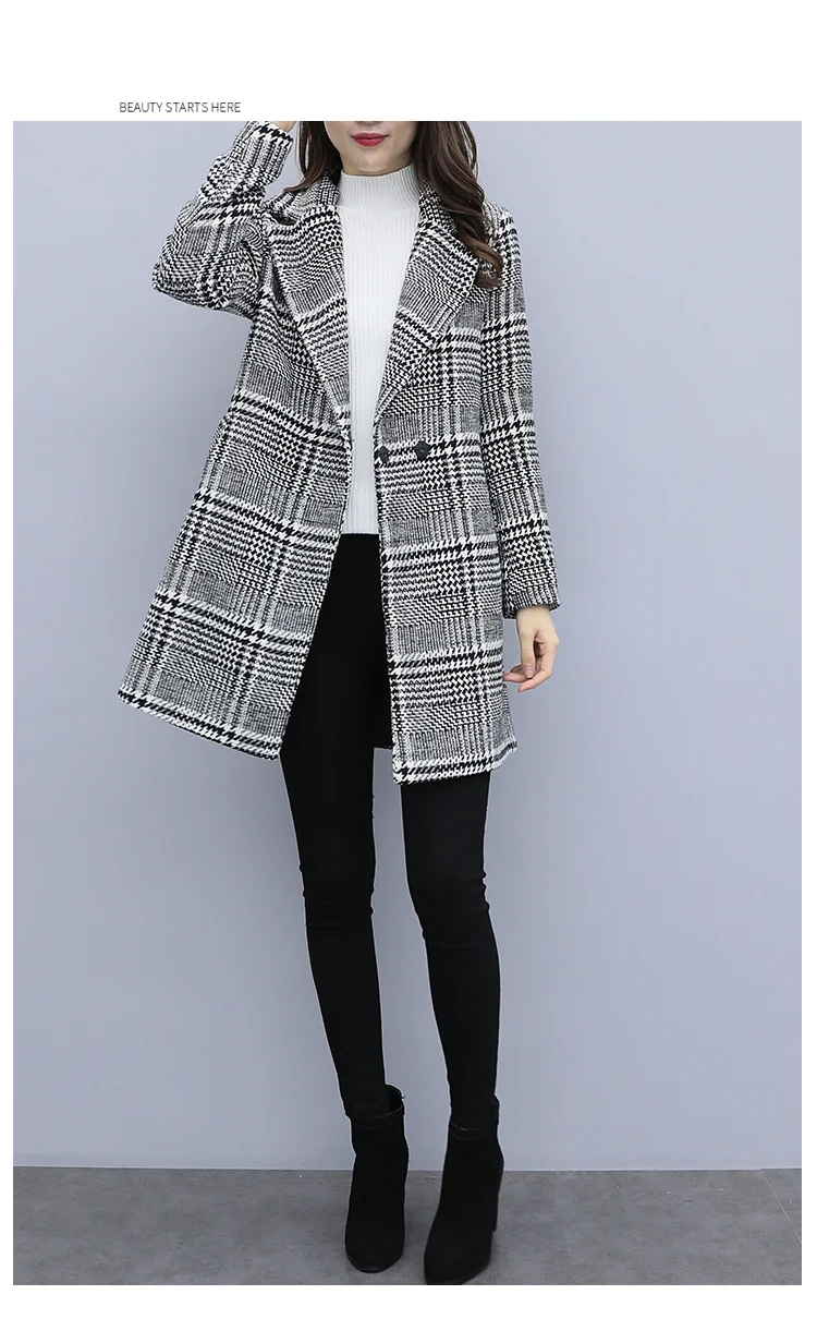 Англия Стиль осень-зима длинные пальто женские элегантные классические брюки шерстяной с узором «гусиные лапки» куртка Для женщин manteau femme hiver; Модель с длинными