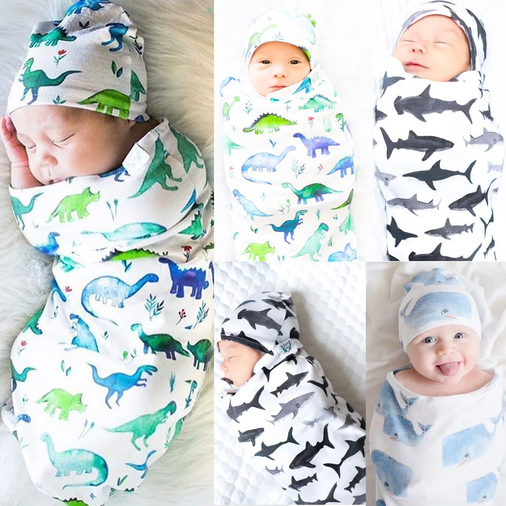 

Newborn Infant Baby Boy Swaddle Blanket Sleeping Swaddle Muslin Wrap Hat Set
