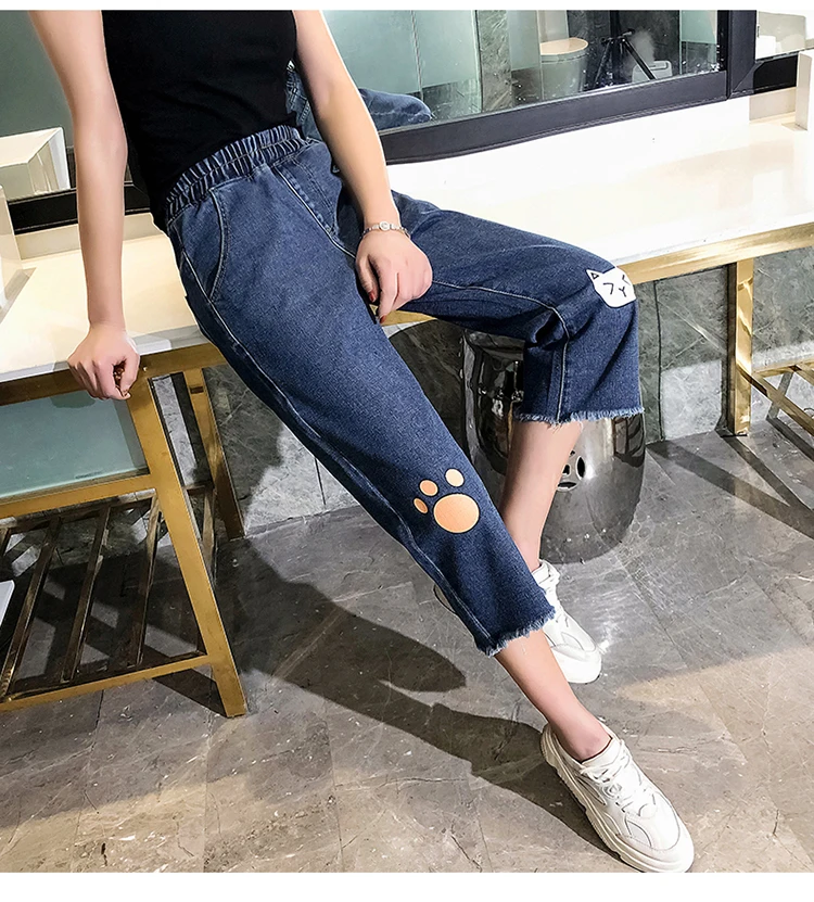 Womens Jeans Straight Pants Hairy Cuffs Korean Loose Denim pictures Stretch Waistline with Zipper Woman Jeans