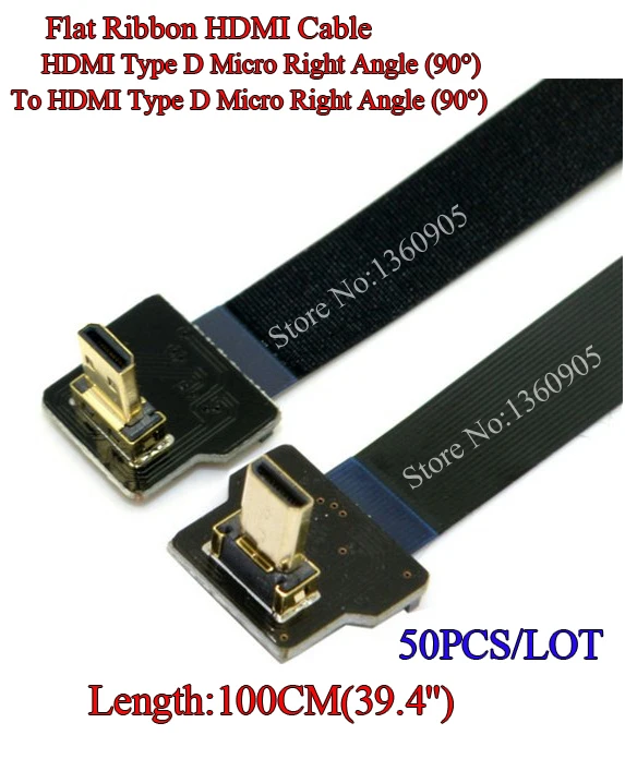 

50PCS 39.4'' 100cm Micro HDMI Male to HDMI Micro Type D Right Angle 90 Degree Up Angle FPV  Ribbon FPC Flat Ribbon Cable