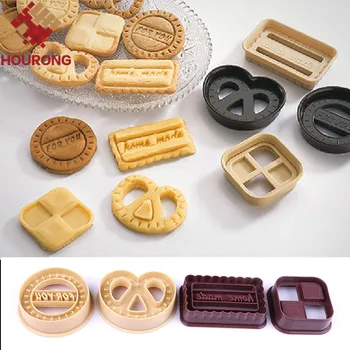 

HOURONG 4Pcs/Set Circle / Square / Rectangle / Heart-shaped Design Sugar Cookie Molds Craft Plunger Cookie Cutter Molds Tool