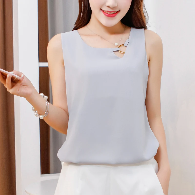 

Fashion brand New Women Tanks Top summer Casual shirts plus size sleeveless Self-cultivation Blouse Double layer chiffon Blouses