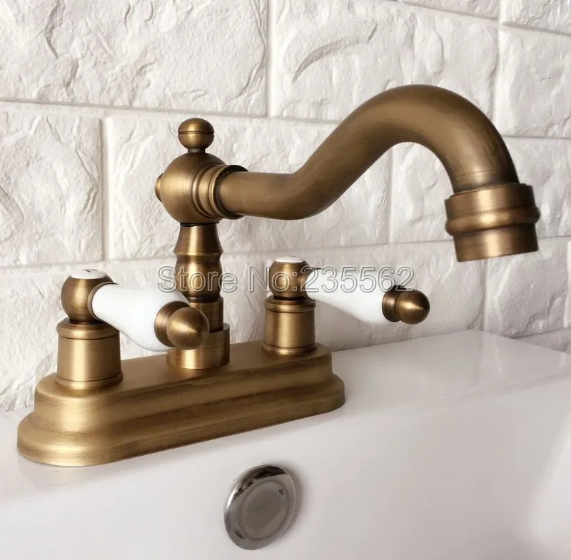 Antique Brass Wall Mount Swivel Spout Bathroom Sink Faucet Mixer Basin Tap 