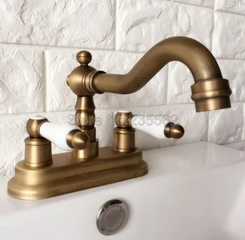 

Antique Brass 2 Hole Deck Mounted Dual Handle Bathroom Faucet Swivel Spout Faucets Washbasin Mixer Vessel Sink Taps lan062