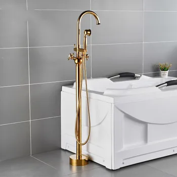 

Bathroom Bathtub Faucet + Handheld Shower Free Standing Gold BathTub Mixer Taps Floor Mounted