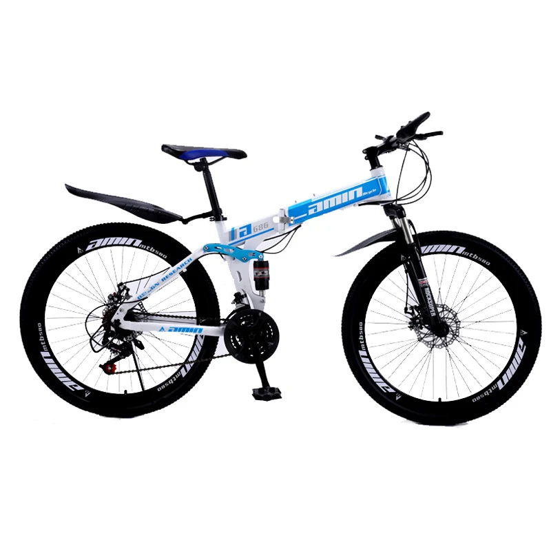 24 дюймов и 26 дюймов складной горный велосипед 21 скорость спица колеса Горный велосипед двойные дисковые тормоза двойной демпфирующий велосипед - Цвет: white and blue