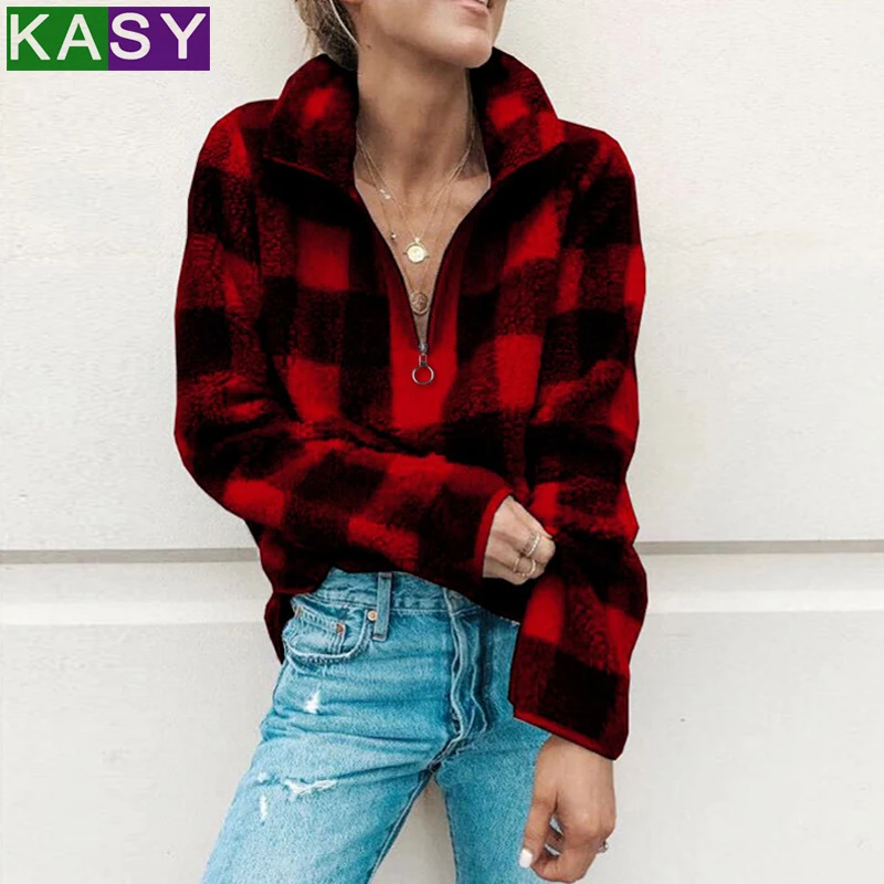 

New Autumn Women Teddy Hoodie Coat Casual Long Sleeve Plaid Fluffy Fleece Fur Outerwear Winter Warm Zipper Sweatshirt Coat