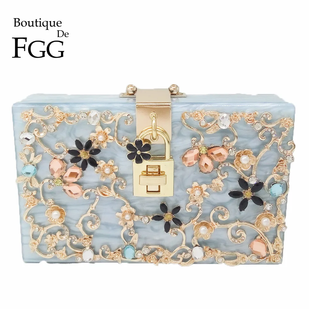 Boutique De FGG Light Blue Flower Crystal Women Fashion Day Clutches